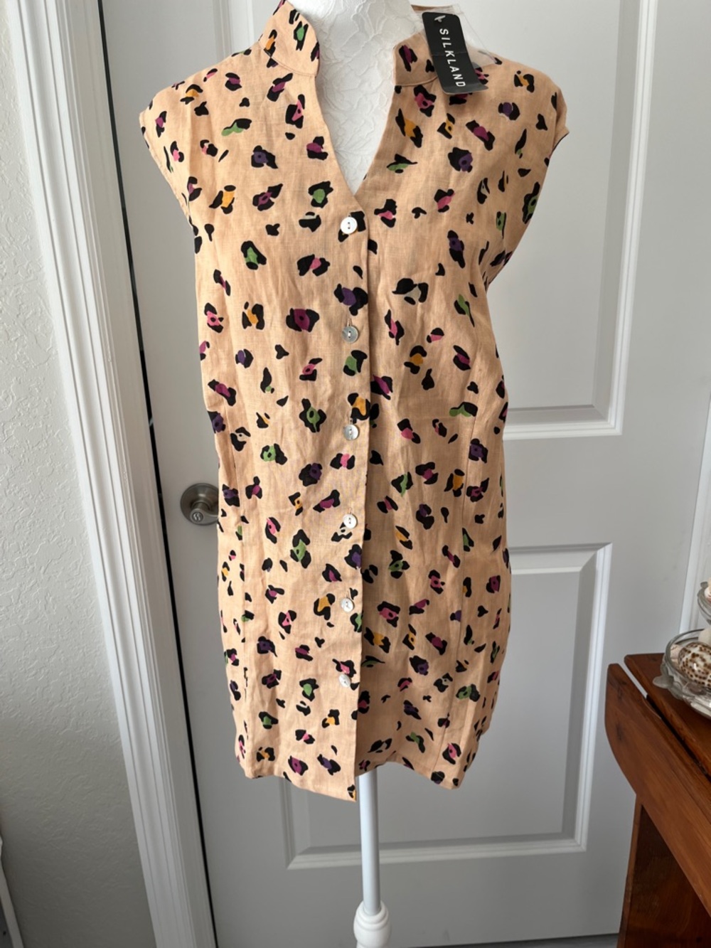 SilkLand Tan Leopard-Print Button Tunic with Multicolor Spots